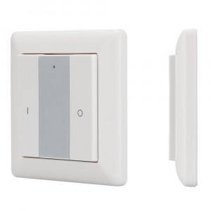 Панель Knob SR-2853K2-RF-UP White (3V, DIM, 1 зона) 021458, Однозонный накладной диммер-выключатель, работает по радиоканалу (короткое нажатие - включение, длинное нажатие - диммирование). Используется с контроллерами серии SR-1009х. Питание - литиевая батарейка 3V CR2450. К одному контроллеру SR-1009х можно привя