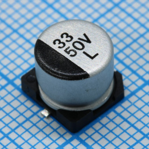ELV330M50RD, Конденсатор алюминиевый электролитический 33мкФ 50В ±20% (8х6.5мм) для поверхностного монтажа 155мА 2000час 85°С лента на катушке