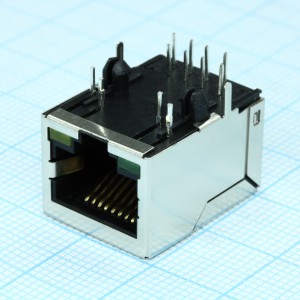 TRJ0011TBNL, Разъем экр."гнездо" RJ-45 c согласующ. фильтром 2 нижн. светодиод. (лев. зел./прав. желт.) 0...+70°C, пр. угол на плату