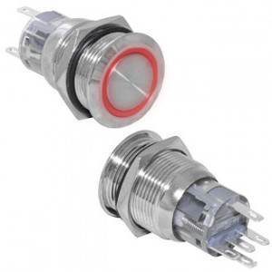 LAS1-AGQ-11ZE/R/N ON-ON, Кнопка антивандальная металлическая с фиксацией и кольцевой красной подсветкой, 5А 250В, резьба М19