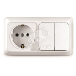 Блок выключатель двуклавишный + розетка с заземлением Олимп горизонтальный белый О0033