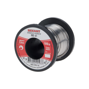 Припой ПОС-61   0.8мм  100 гр. катушка, Припой проволочный без канифоли REXANT (олово 61%, свинец 39%), катушка