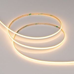 Лента COB-X504-5mm 12V Warm2700 (6.5 W/m, IP20, CSP, 5m) 041790, Лента COB сплошной засветки без видимых светодиодов. Кристаллы CSP 504 шт/м. Цвет свечения ТЕПЛЫЙ 2700K, индекс цветопередачи CRI>90, угол 150°. Мощность 6.5 Вт/м, питание 12 В. Размеры 5000х5х1.6 мм. Мин.отрезок 7.94 мм. 3M скотч для установки. Пакет 5м.