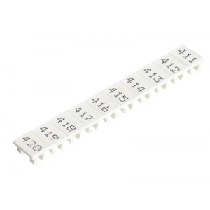 Маркировка для клемм (полоска) 9705A/5/10 B 411-420, Маркировочные шильдики, для клемм сечением 2,5 мм.кв., боковая / верхняя, 10 шильдиков, нанесенные символы: 411...420, с горизонтальным расположением, размер шильдика: 4,8 x 8,3 мм, цвет: белый