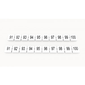 ZB10-10P-19-42Z(H), Маркировочные шильдики для клемм WS…, DC…, PC…, сечением 10 мм кв., центральная, 10 шильдиков нанесенные символы: 91-100, с вертикальным расположением, размер шильдика: 9,3х10,7 мм, цвет белый