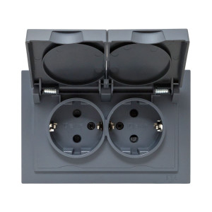 Механизм розетки двойной, 16А, IP44, с заземлением, со шторками, с рамкой, с крышками, графит Эпика EKF UP1-SOG-211-44