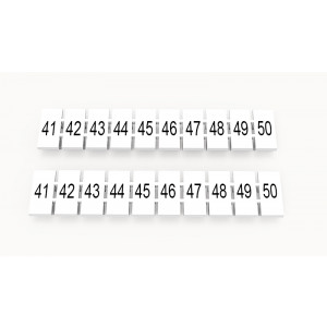 ZB6-10P-19-13Z(H), Маркировочные шильдики для клемм WS…, DC…, PC…, сечением 4 мм кв., центральная, 10 шильдиков нанесенные символы: 41-50, с вертикальным расположением, размер шильдика: 5,55х10,7 мм, цвет белый