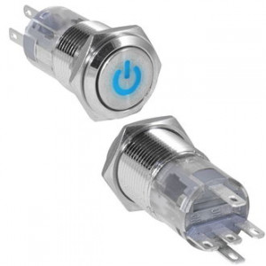 LAS2GQF-11ZDT/B/N ON-ON, Кнопка антивандальная металлическая с фиксацией с символьной синей подсветкой, 3А 250В, резьба М16