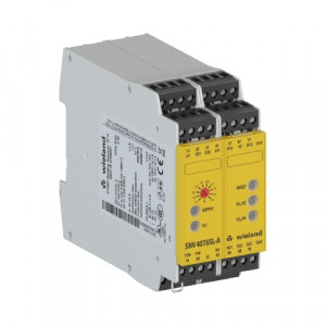 Реле безопасности SNV4076SLA 30S DC 24V, Реле безопасности одноканальное или двухканальное управление, автоматический/ручной сброс с контролем переключателя сброса, 3 цепи включения с немедленным переключением, 3 цепи включения с задержкой отключения без повторного срабатывания, 0–30 с, DC 24 В