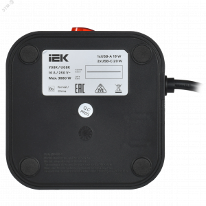 DOMINIC Удлинитель У08K 8 мест 2P+PE 1,5м 3х1,0мм2 16А/250В USB A+C 20Вт черный IEK DN-YP30-16-08-01-ZKU-K02