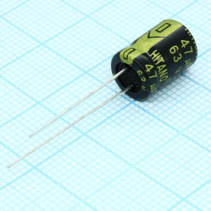 EXR470M63B, Конденсатор алюминиевый электролитический 47мкФ 63В ±20% (8 X 12мм) радиальный 3.5мм 0.56Ом 300мА 3000час 105°С россыпь
