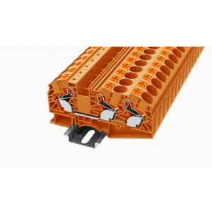 DS16-TW-01P-15-00Z(H), Проходная клемма, 3 точки подключения, тип фиксации провода: Push-in, номинальное сечение: 16 мм кв.,  76A, 1000V, ширина: 12,2 мм, цвет: оранжевый, втычная перемычка, тип монтажа:  DIN35