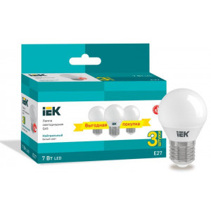 Лампа светодиодная 7Вт G45 шар 4000К нейтр. бел. E27 230В (уп.3шт) LLE-G45-07-230-40-E27-3