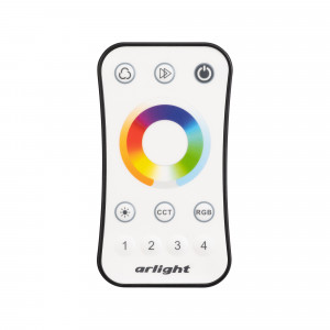 Пульт SMART-R16-MULTI (4 зоны, 2.4G) 022667, Кнопочный радиопульт с сенсорным кольцом 2.4 ГГц белого цвета для управления DIM/MIX/RGB/RGBW источниками света. 4 зоны управления, 4 слота памяти пользовательских настроек, выбор цвета и типа управления с помощью сенсорного кольца. Питание 3VDC (CR2032).