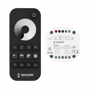 INTELLIGENT ARLIGHT Диммер SMART-SET-TRIAC-601-72-DIM-PD-IN Black (230V, 1x1.5A, x4, ПДУ 10кн, 2.4G) 036199, Комплект диммера TRIAC с пультом, предназначенный для установки в подрозетник. В комплекте 4 диммера и 4-зонный пульт с сенсорным кольцом. Питание/рабочее напряжение 100-240VDC, максимальный ток 1.5A на канал, 1 канал, максимальная мощность 150-360W, Push