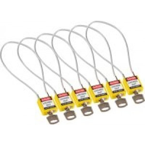 gws195977, Замки нейлоновые компактные с гибкой дужкой, дужка – стальной трос в виниловой оболочке, высота дужки – 203 мм, диаметр дужки – 4.7 мм, нейлоновый корпус, размеры корпуса – 35х32х16 мм, цвет – желтый, 6 шт/упак