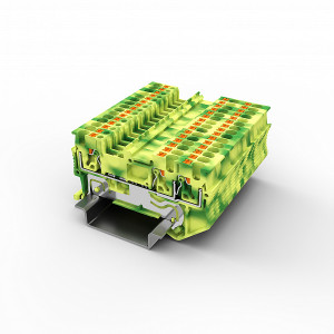 Заземляющая клемма UPT-1.5/1-2PE, Заземляющая клемма, 3 точки подключения, тип фиксации провода: Push-in, номинальное сечение: 1,5 мм кв., 500V, ширина: 3,5 мм, цвет: желто-зеленый, тип монтажа: DIN35