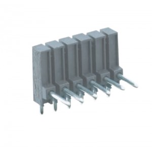 Контакт штыревой Z5.532.0625.0, Штыревой контакт, горизонтальный, на плату, диаметр штыря 0,8 мм, шаг 3,5 мм, 6 полюсов, фиксация на плате пайкой, 250V, 6А, цвет: серый, серия 8543