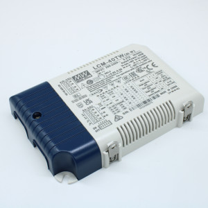LCM-40TW, AC-DC, 40Вт, стабилизатор тока, вход 180…277В AC, 47…63Гц /260…390В DC, 2 выхода до 500…1050мA/20…50В, ККМ, изоляция 3750В AC, в кожухе 123.5х81.5х23мм, -30…+85°С, димминг кнопкой и DALI