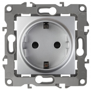 12-2102-03 Розетка 2P+E Schuko со шторками, 16A-250В, IP20, 2, алюминий (10/100/2800) Б0014689