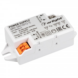 Блок питания ARV-SN12012-C (12V, 1A, 12W) 020426(1), Источник напряжения с гальванической развязкой для светодиодных изделий. Входное напряжение 200-240 VAC. Выходные параметры: 12 В, 1 А, 12 Вт. Встроенный PFC >0,5. Негерметичный пластиковый корпус IP 20. Габаритные размеры длина 82 мм, ширина 36 мм, высот