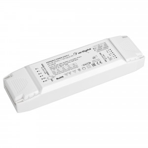 Блок питания ARJ-SP-60-PFC-1-10V-DALI2-PD (60W, 9-58V, 2x0.3-0.9A) 033730, Диммируемый двухканальный мультитоковый блок питания с управлением DALI 2.0 (диапазон 0.1-100%) и 1-10V (диапазон 2%-100%) с гальванической развязкой. Функция PUSH DIM. . Входное напряжение 220-240VAC. Выходные параметры 9-58V (2x350mA); 9-58V (2x500mA)