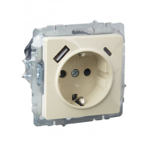 Розетка BRITE РЮш11-1-БрКр 16А с USB A+C 18Вт с заземл. защ. шторки беж. BR-R14-16-U22-018-K10