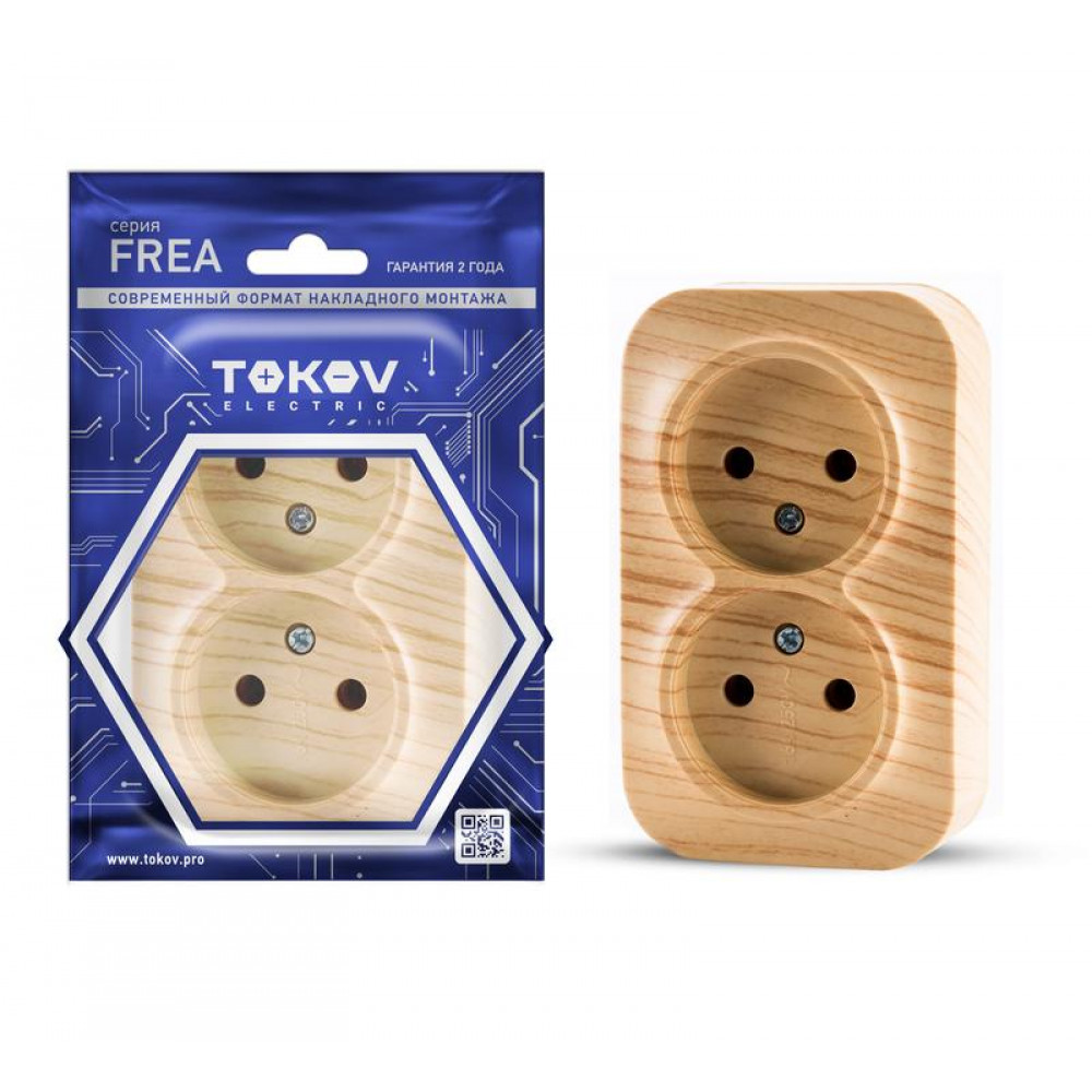Изображение товара Розетка двухместная IP20 16А 250В сосна АБС-пластик TOKOV ELECTRIC TKE-FR-R2-C25