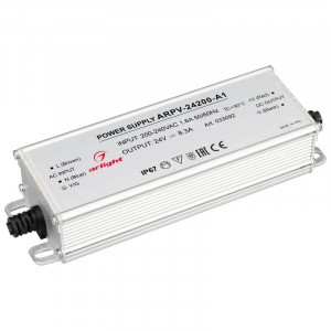 Блок питания ARPV-24200-A1 (24V, 8.3A, 200W) 033092, Источник напряжения с гальванической развязкой для светодиодных изделий. Входное напряжение 200-240 VAC. Выходные параметры: 24 В, 8.3 А, 200 Вт. Встроенный PFC >0.5. Герметичный алюминиевый корпус IP 67. Рабочая температура -40…+70C?. Габаритные размеры