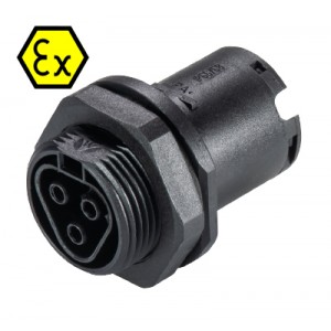 Разъем RST20I3FXB2 M01 SW, Взрывозащищенный розеточный разъем в панель, М25, IP68(69k), 3 полюса, пружинная фиксация провода, номинальные характеристики: 250/400V, 20A, цвет: черный, серия RST Ex