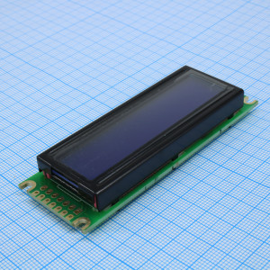 HTM1602-10-25W-T5P, ЖКИ знакосинтезирующий 16 x 2, STN Синий негативный/прозрачный светодиодная подсветка Белая, размеры 85x30 мм, видимая область 64.5x15.8 мм, -20...70°C, 6 o`clock
