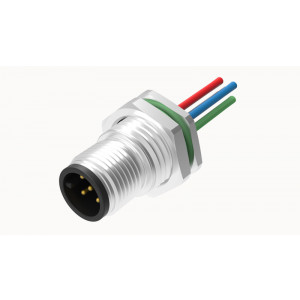 Вилочный разъем SD-M12A-05P-MM-SF8A50, Вилочный разъем в панель, 5 полюсов, M12, гайка спереди, с проводом, A-Code, сечение проводовников: 0.34 мм кв., (цвет проводовников: коричневый, белый, синий, черный, серый), 4А, 60V, PG9, металл