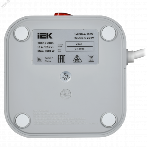 DOMINIC Удлинитель У08K 8 мест 2P+PE 1,5м 3х1,0мм2 16А/250В USB A+C 20Вт серый IEK DN-YP30-16-08-01-ZKU-K41