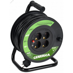Удлинитель на катушке 4х30м 16А IP20 УК30 2P+PE 3х1.5 термозащита GENERICA WKP20-16-04-30-G
