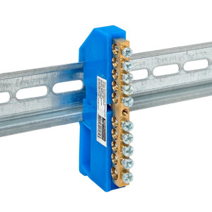 Шина нулевая N 6х9 10 отверстий синий изолятор на DIN-рейку латунь sn0-63-10-d-r