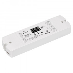 Декодер SMART-K16-DMX (12-24V, 4x5A) 023824, Декодер DMX512 для трансляции DMX512 сигнала ШИМ(PWM) устройствам. Питание 12-24VDC. 4 канала, ток нагрузки 4x5A, мощность нагрузки 240-480W. Входной сигнал DMX512, выходной сигнал ШИМ(PWM). Цифровой дисплей на корпусе, адрес устанавливается с помощью кно