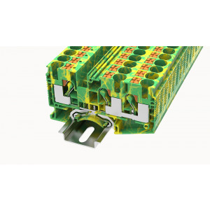 DS10-TW-PE-01P-1C-00Z(H), Заземляющая клемма, 3 точки подключения, тип фиксации провода: Push-in, номинальное сечение: 10 мм кв., ширина: 10,2 мм, цвет: желто-зеленый, тип монтажа: DIN35