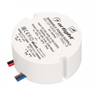 Блок питания ARJ-SP-40600-PFC-TRIAC-R (24W, 27-40V, 600mA) 040965, Диммируемый источник тока по стандарту TRIAC с гальванической развязкой для светильников и мощных светодиодов. Входное напряжение 220-240 VAC. Выходные параметры: 27-40 В, 600 mА, 24 Вт. Встроенный PFC >0,92. Негерметичный пластиковый корпус IP 44.