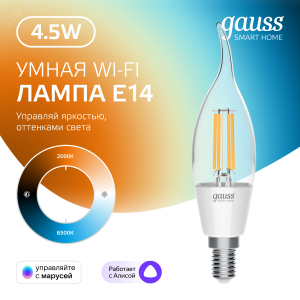 Лампа светодиодная умная филаментная LED 4.5 Вт 495 лм 2000-6500К E14 AC 220В IP20 изменение цветовой температуры и диммирование управление по Wi-Fi Smart Home 1280112