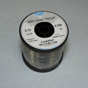 Припой Sn63Pb37 ELR  0.75мм 500гр, Припой трубчатый оловянно-свинцовый ПОС63, флюс 1% ELR безгалогенный органический (ROL0) в катушке