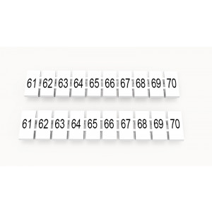 ZB5-10P-19-33Z(H), Маркировочные шильдики для клемм WS…, DC…, PC…, сечением 2,5 мм кв., центральная, 10 шильдиков, нанесенные символы: 61-70 с вертикальным расположением, размер шильдика: 4,55х10,7 мм, цвет белый