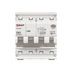 Автоматический выключатель дифференциального тока АВДТ-63N 3P+N 63А 100мА характеристика C тип AC электронный 6кА PROXIMA EKF D63N46E63C100