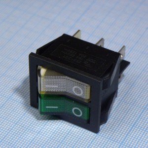 IRS-2101-1B3-G+W/B, Переключатель 2х-клавишный с подсветкой 15A 250VAC прямоугольная кнопка зелёная + белая
