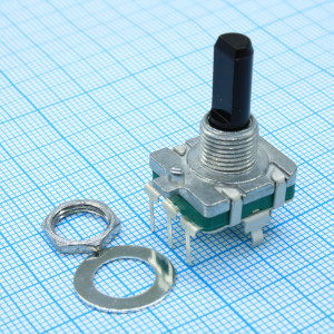 PEC16-4220F-S0024, Энкодер PEC16, 24 щелчка, 24 импульса, пластмассовый вал с лыской 20мм, с кнопкой, горизонтальные выводы, крепление на гайку 9мм