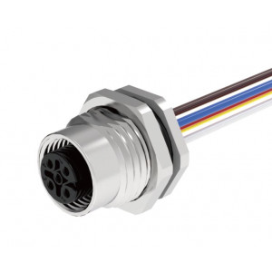 Розеточный разъем в панель M12A03C-FRHS-UC0.5, Розеточный разъем в панель, 3 полюса, M12, гайка спереди, с проводом 0,5 метра, A-Code, 4А, 250V, резьба на гайке PG9, резьбовое соединение: латунь, неэкранированный