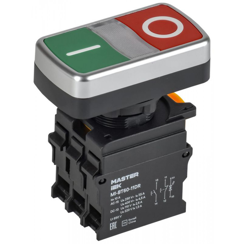 Изображение товара Кнопка I-O с подсветкой диаметр 22 мм 1NO 1NC MASTER MI-BT60-11DR-3-11-K51
