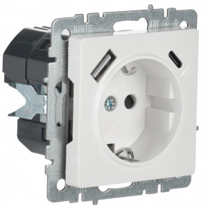 Розетка BRITE РЮш11-1-БрБ 16А с USB A+C 18Вт с заземл. защ. шторки бел. BR-R14-16-U22-018-K01