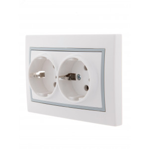 Розетка 2-м СП Mira 16А IP20 с заземл. с сер. вставкой керамика бел. 701-0215-127