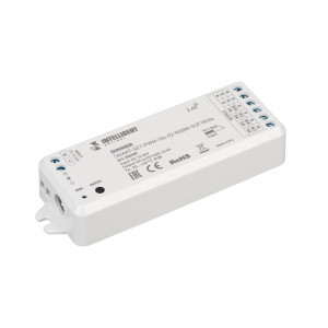 INTELLIGENT ARLIGHT Диммер SMART-SET-PWM-104-52-RGBW-SUF White (12-24V, 4x4A, ПДУ RING 10кн, 2.4G) 036187, Комплект диммер с пультом для RGBW светодиодной ленты (ШИМ). Питание/рабочее напряжение контроллера 12-24VDC, максимальный ток 4A на канал, 4 канала, максимальная мощность 192-384W. Питание пульта 3VDC (CR2032). Сихронизация с аналогичными контроллерами д