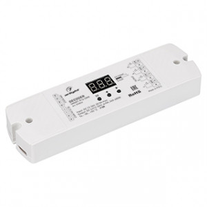 Декодер SMART-K16-DMX (12-24V, 4x5A) 023824, Декодер DMX512 для трансляции DMX512 сигнала ШИМ(PWM) устройствам. Питание 12-24VDC. 4 канала, ток нагрузки 4x5A, мощность нагрузки 240-480W. Входной сигнал DMX512, выходной сигнал ШИМ(PWM). Цифровой дисплей на корпусе, адрес устанавливается с помощью кно